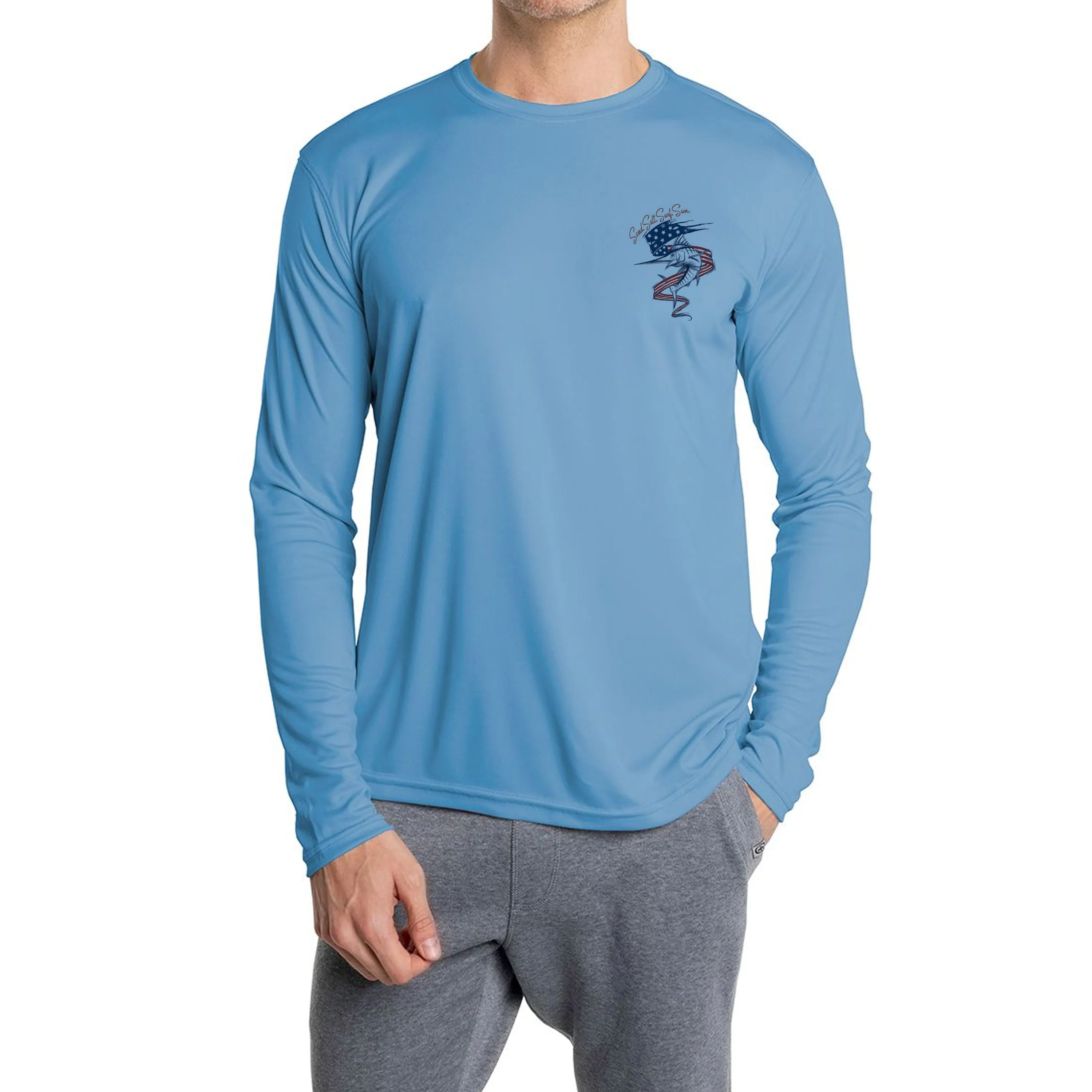 SAND.SALT.SURF.SUN. Flag Marlin Men's UPF 50  UV Sun Protection Performance Long Sleeve T-Shirt