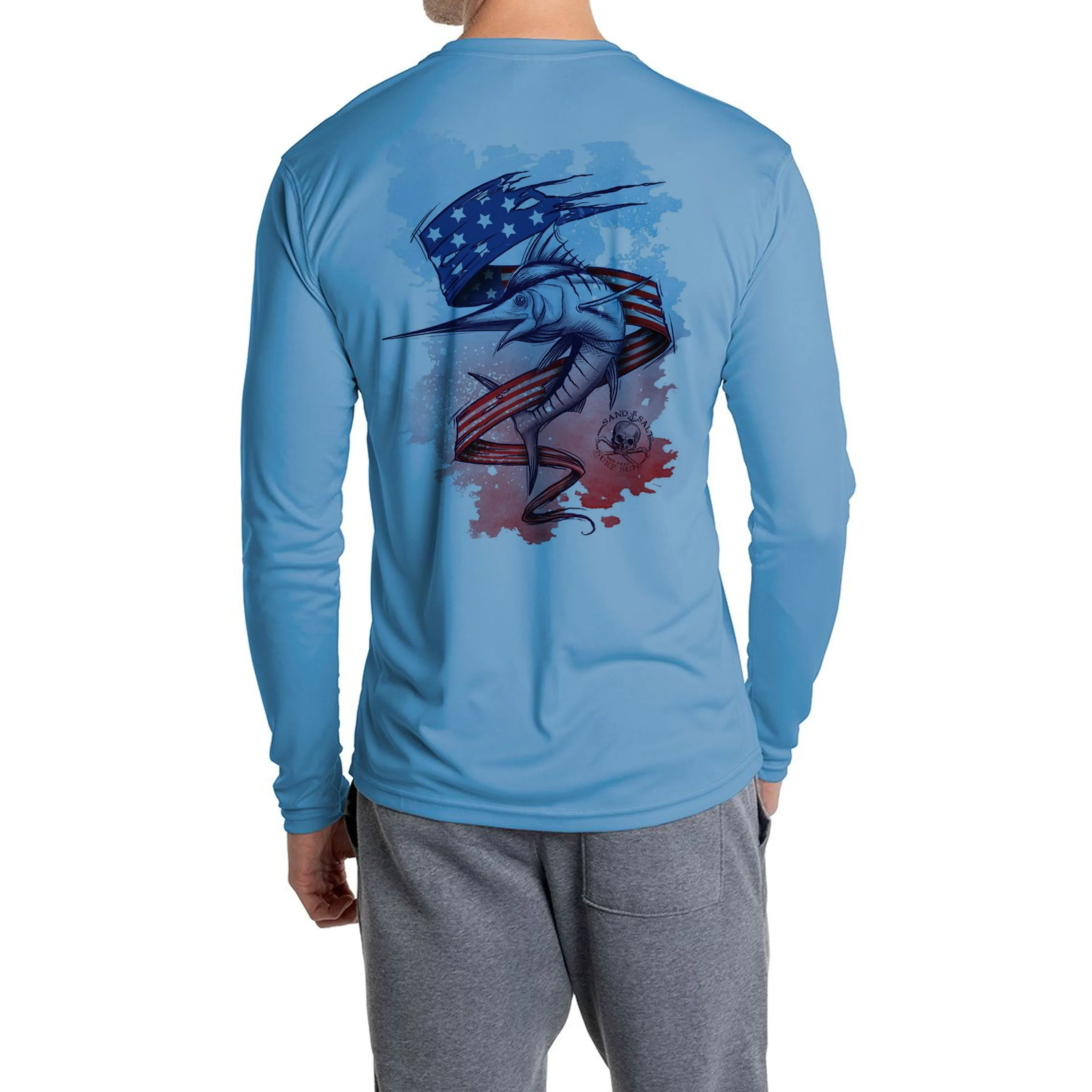 SAND.SALT.SURF.SUN. Flag Marlin Men's UPF 50  UV Sun Protection Performance Long Sleeve T-Shirt