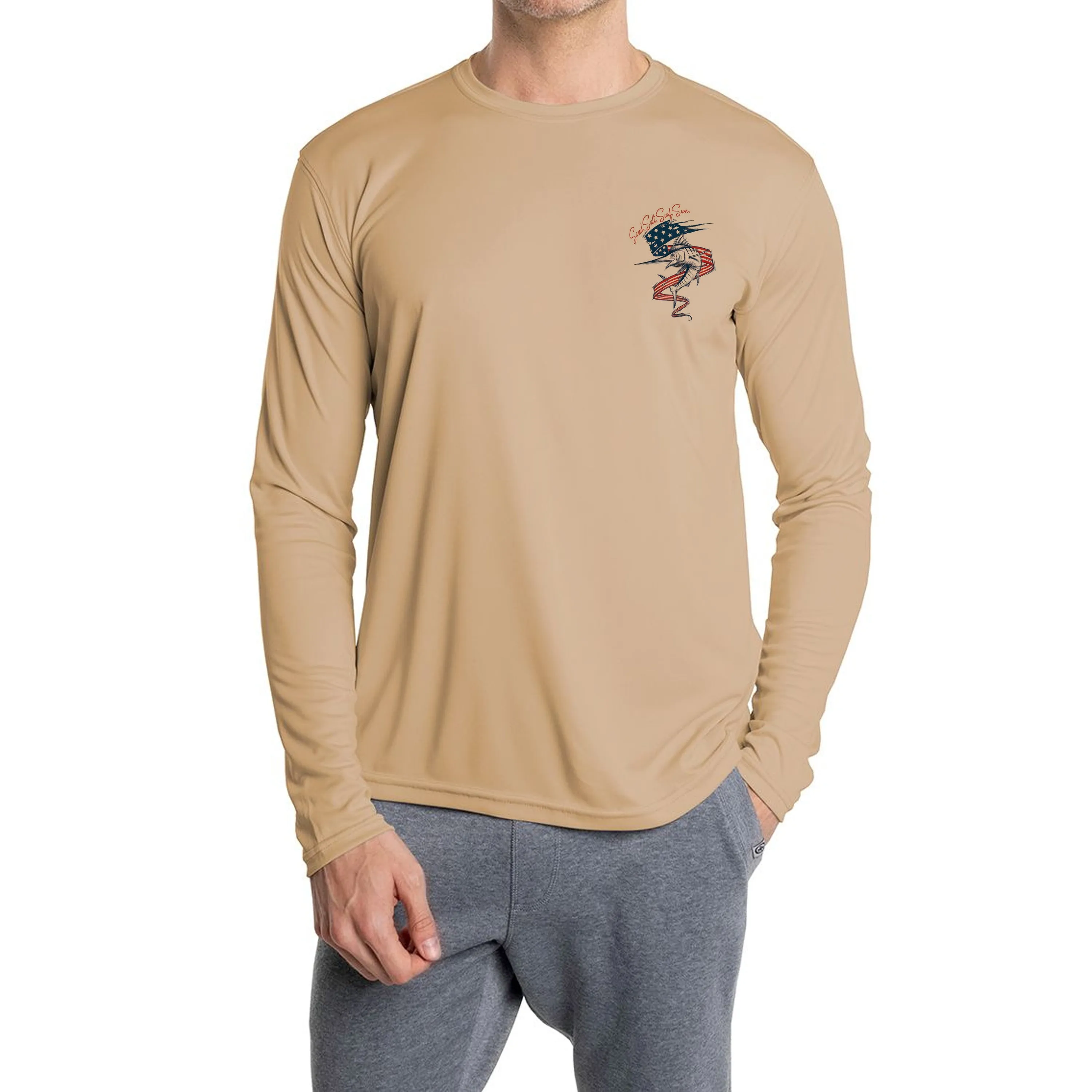 SAND.SALT.SURF.SUN. Flag Marlin Men's UPF 50  UV Sun Protection Performance Long Sleeve T-Shirt