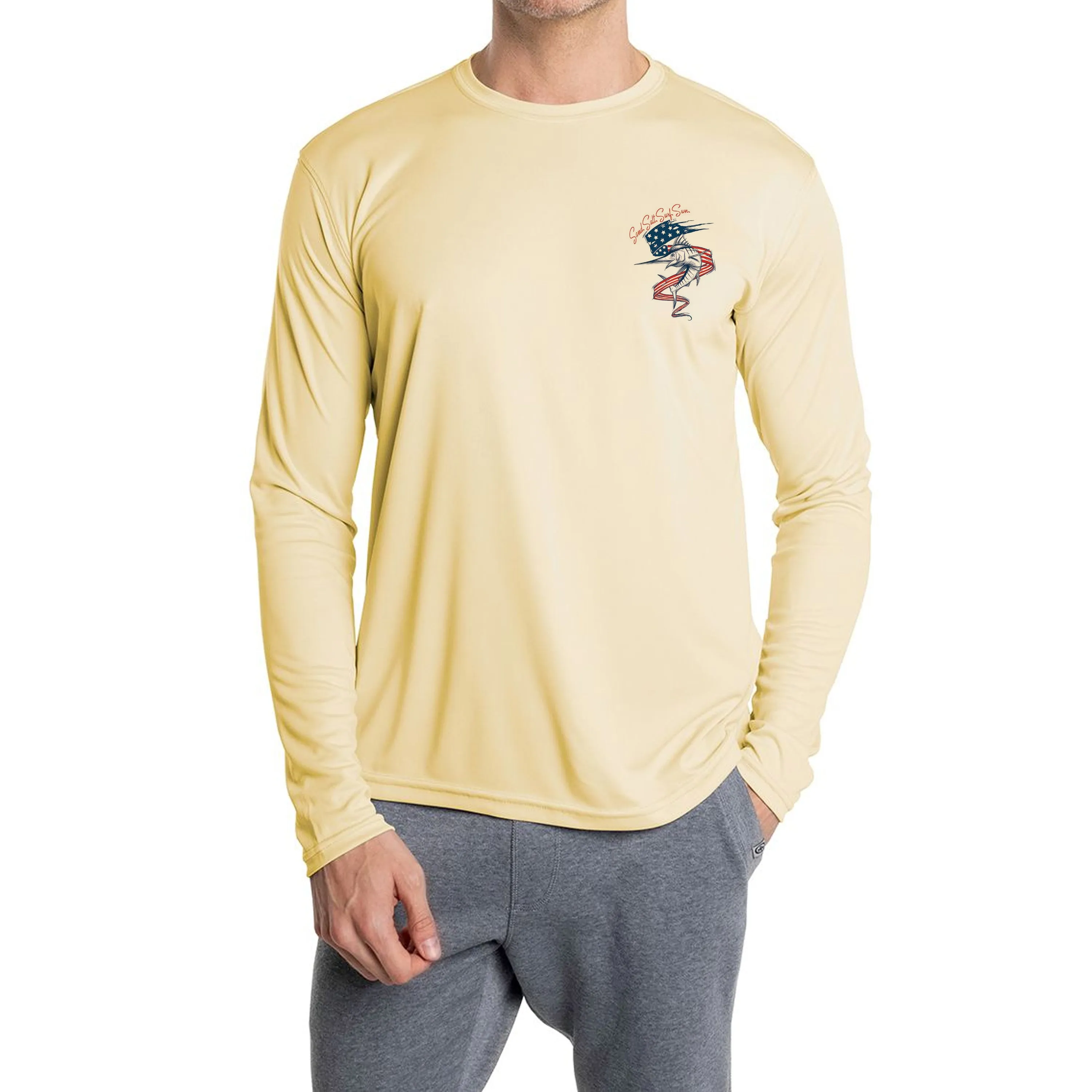 SAND.SALT.SURF.SUN. Flag Marlin Men's UPF 50  UV Sun Protection Performance Long Sleeve T-Shirt