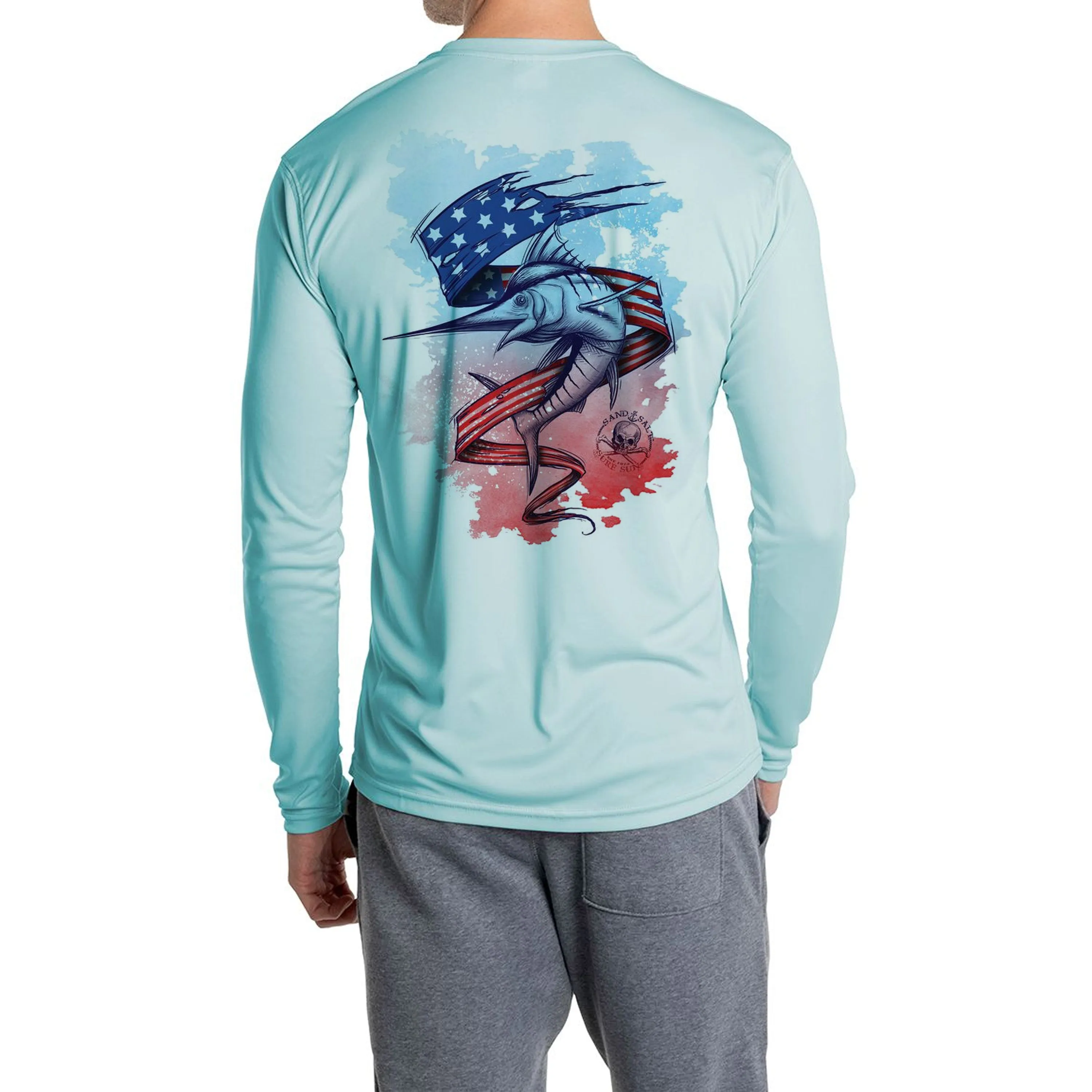 SAND.SALT.SURF.SUN. Flag Marlin Men's UPF 50  UV Sun Protection Performance Long Sleeve T-Shirt