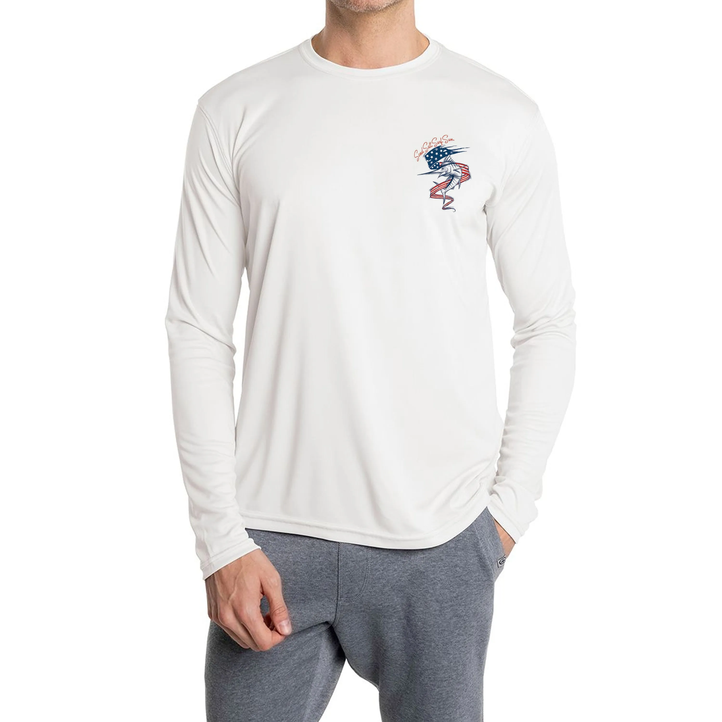 SAND.SALT.SURF.SUN. Flag Marlin Men's UPF 50  UV Sun Protection Performance Long Sleeve T-Shirt