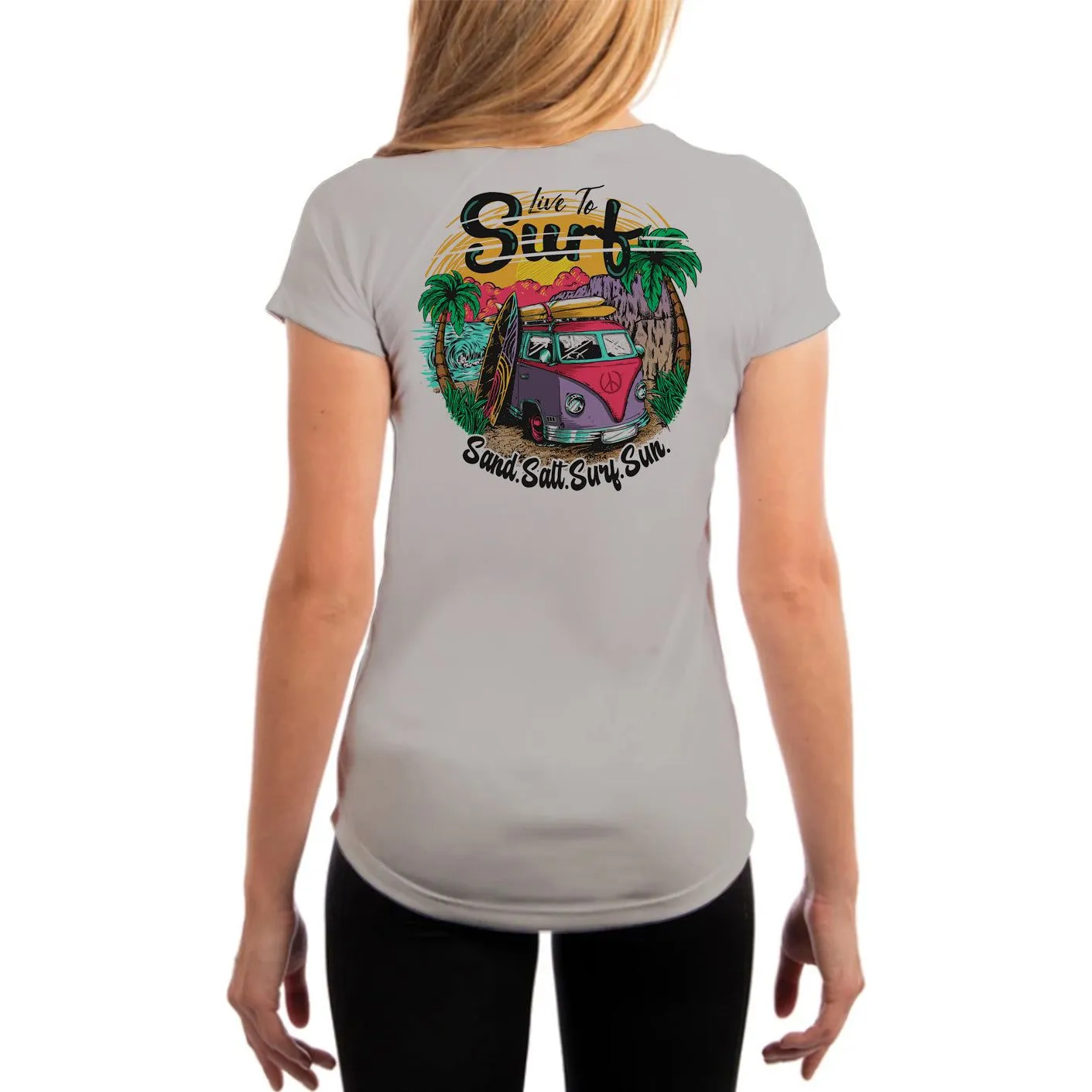 SAND.SALT.SURF.SUN. Surf Bus Women's UPF 50  UV Sun Protection Performance Short Sleeve T-Shirt