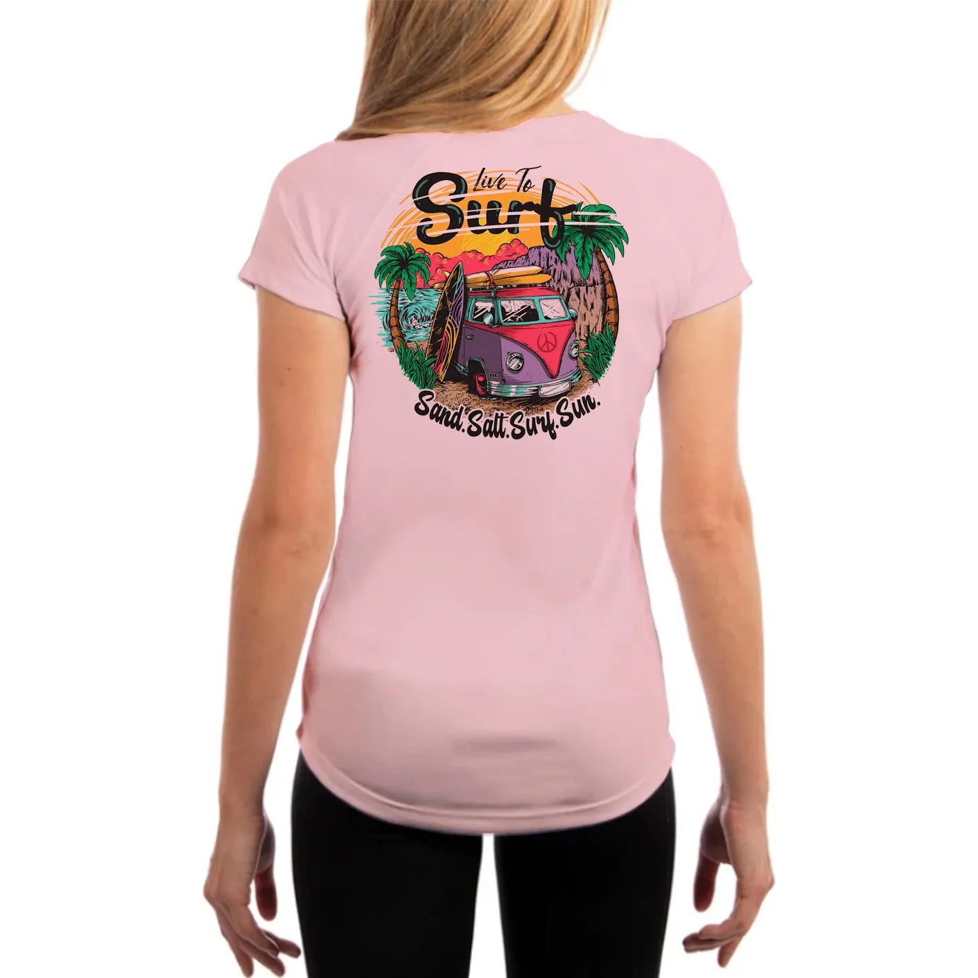 SAND.SALT.SURF.SUN. Surf Bus Women's UPF 50  UV Sun Protection Performance Short Sleeve T-Shirt