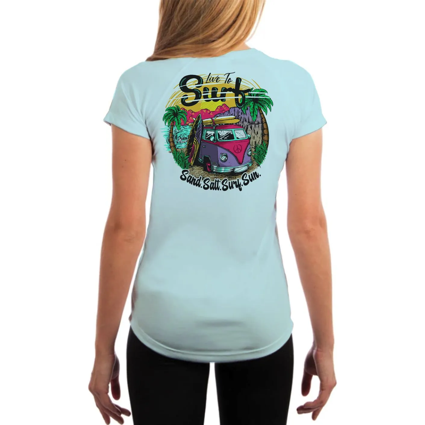 SAND.SALT.SURF.SUN. Surf Bus Women's UPF 50  UV Sun Protection Performance Short Sleeve T-Shirt
