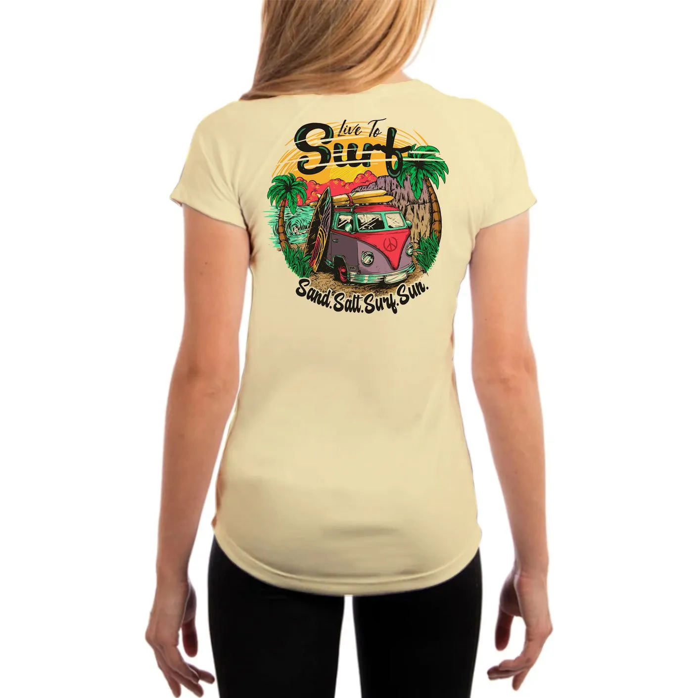 SAND.SALT.SURF.SUN. Surf Bus Women's UPF 50  UV Sun Protection Performance Short Sleeve T-Shirt