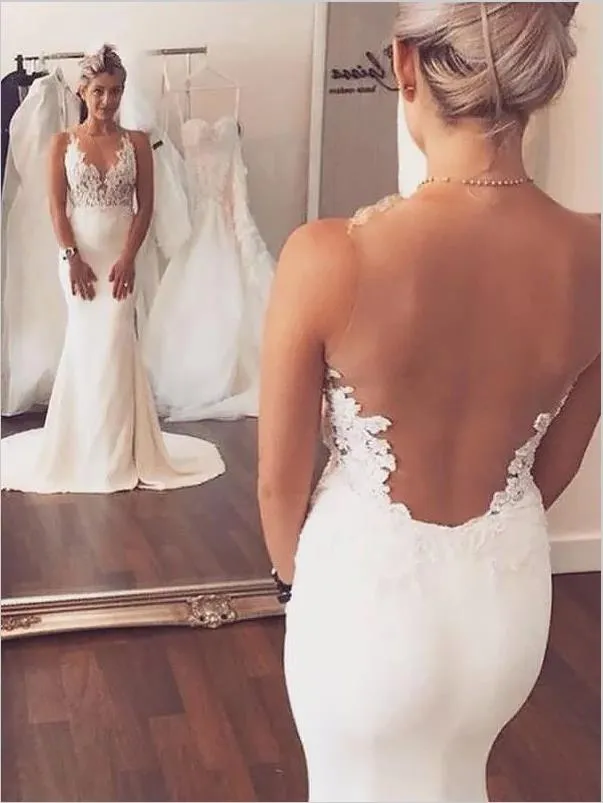 Satin Applique Mermaid Scoop Wedding Dresses Court Train Dress