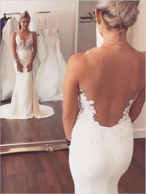 Satin Applique Mermaid Scoop Wedding Dresses Court Train Dress
