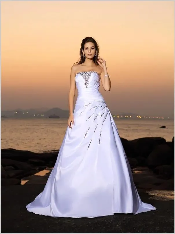 Satin Princess Strapless Wedding Dresses,Beading Sleeveless Wedding Dresses