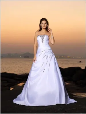 Satin Princess Strapless Wedding Dresses,Beading Sleeveless Wedding Dresses