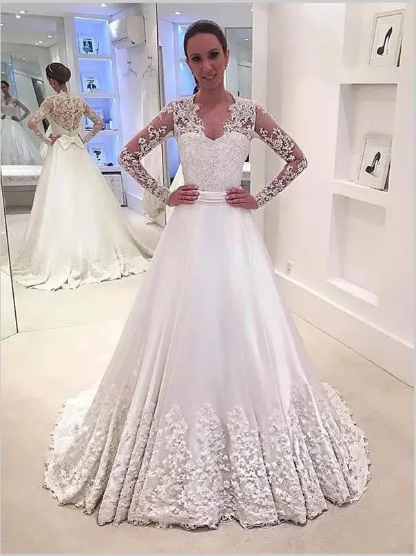 Satin Princess V-neck Long Sleeves Wedding Dresses Brush Train Dress With Bowknot