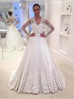 Satin Princess V-neck Long Sleeves Wedding Dresses Brush Train Dress With Bowknot