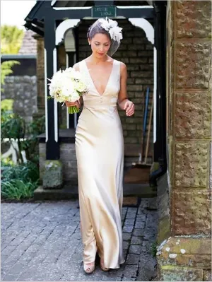 Sheath Satin V-neck Sleeveless Brush Train Wedding Dresses