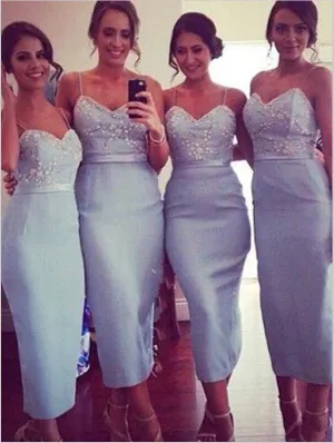 Sheath Spaghetti Straps Satin Bridesmaid Dresses,Knee Length Bridesmaid Dresses