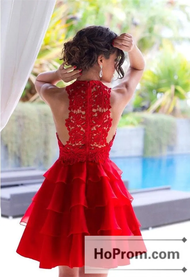 Short Layers Red Lace Prom Dresses Homecoming Dresses
