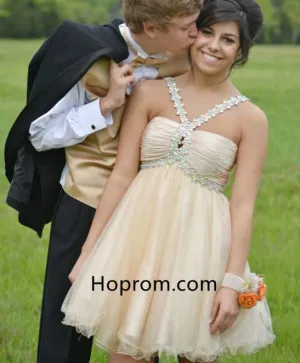 Short Tulle Beading Homecoming Dress, Cute Champagne Prom Dresses