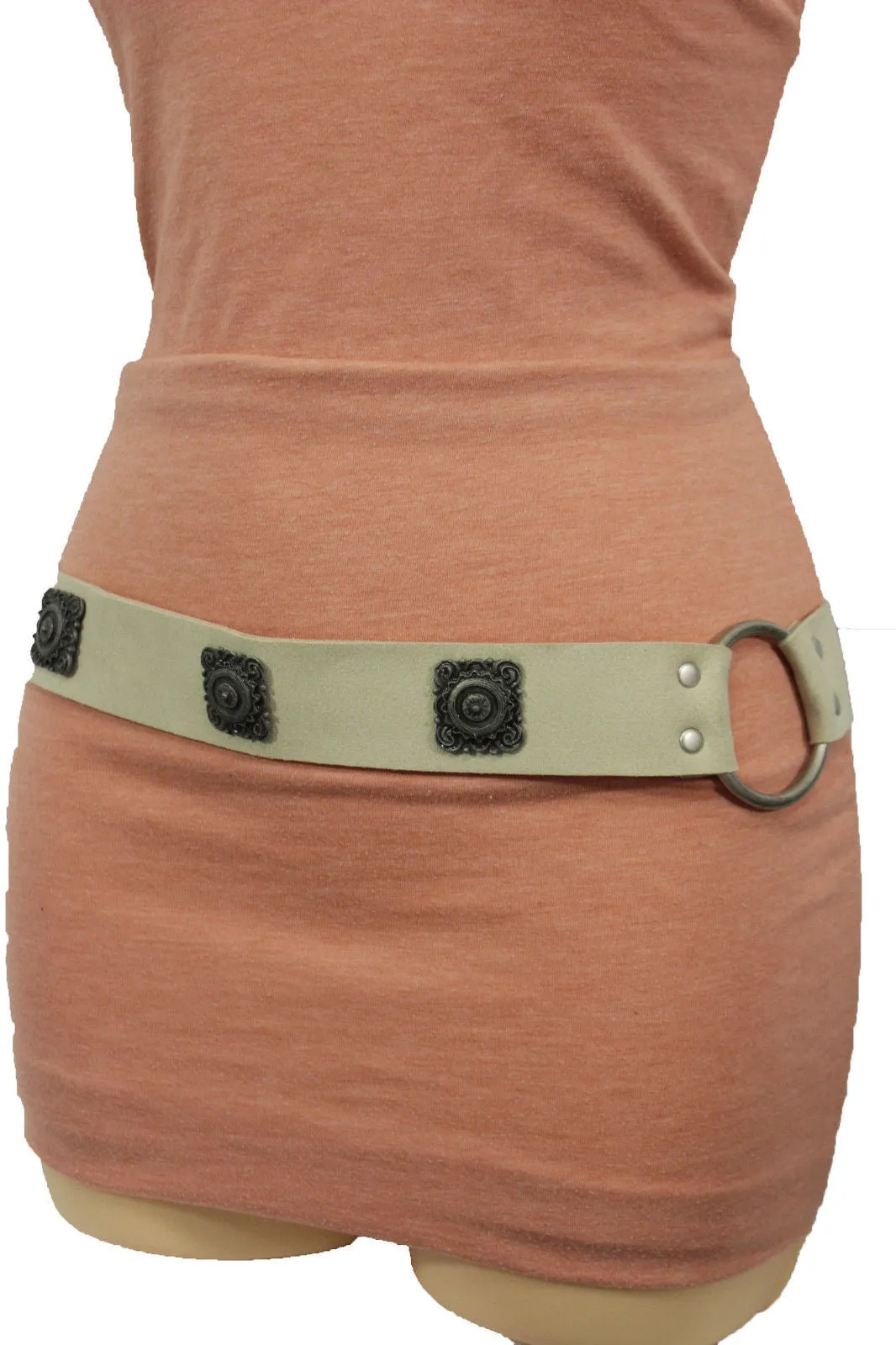 Silver Ethnic Charms Hip High Waist Tie Belt Genuine Suede Leather M L