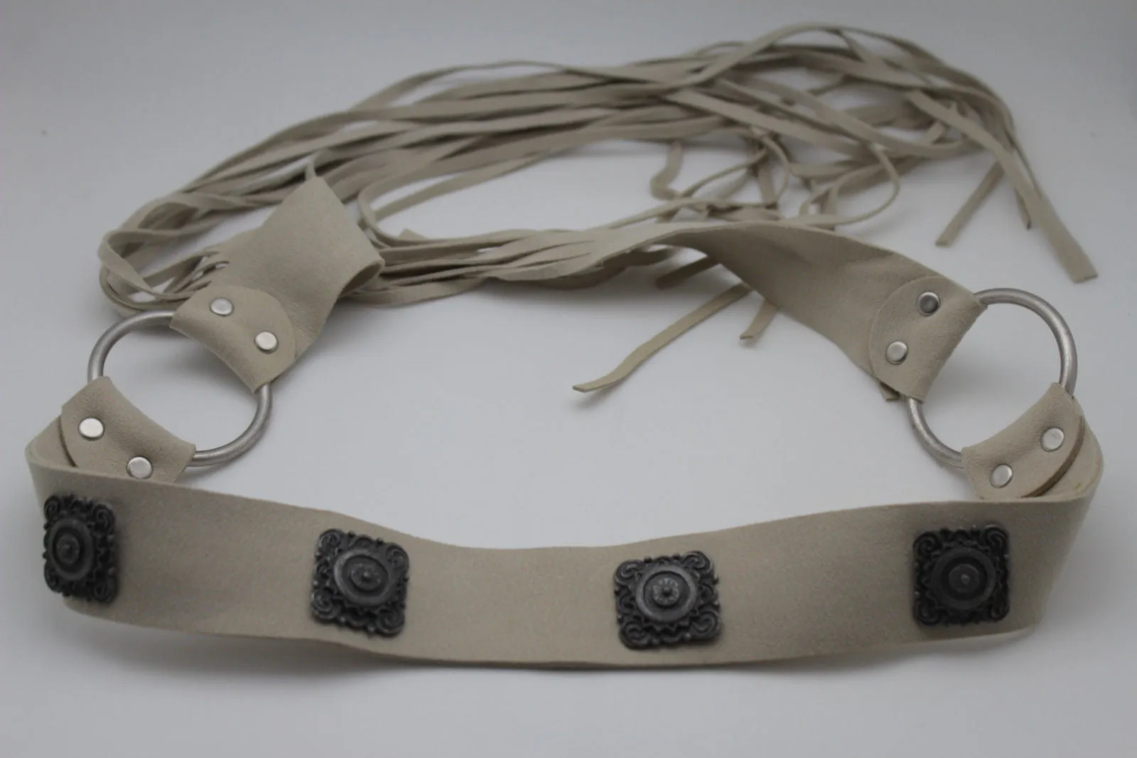Silver Ethnic Charms Hip High Waist Tie Belt Genuine Suede Leather M L