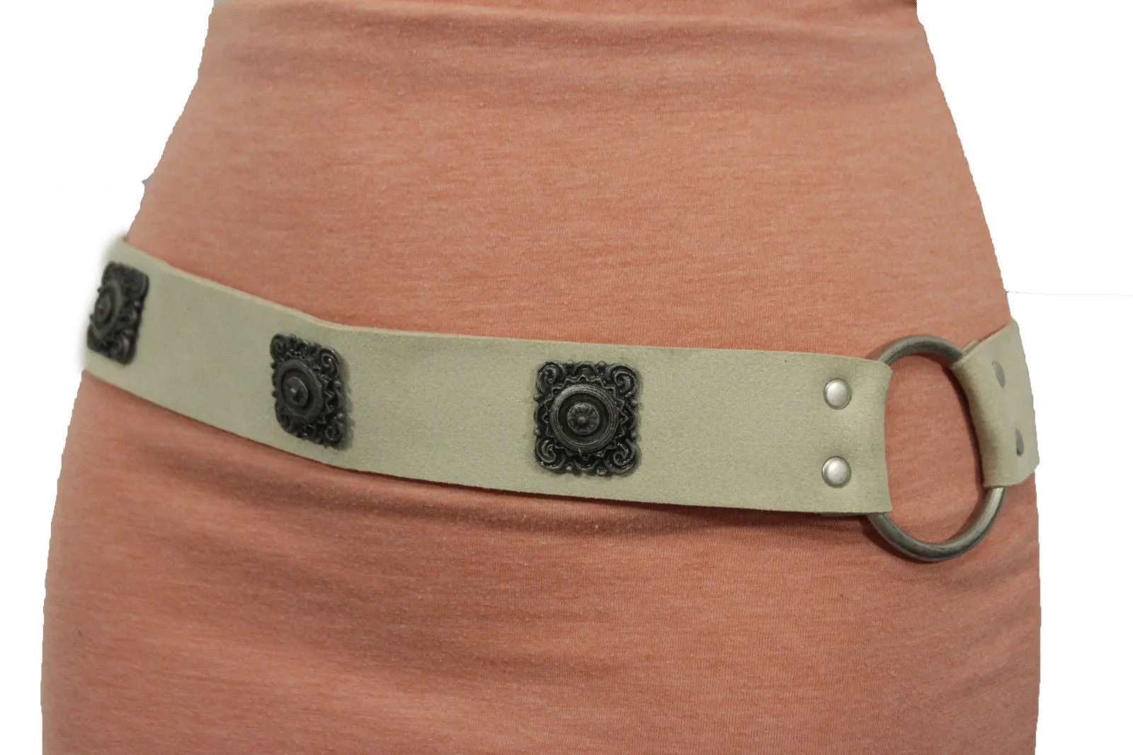 Silver Ethnic Charms Hip High Waist Tie Belt Genuine Suede Leather M L