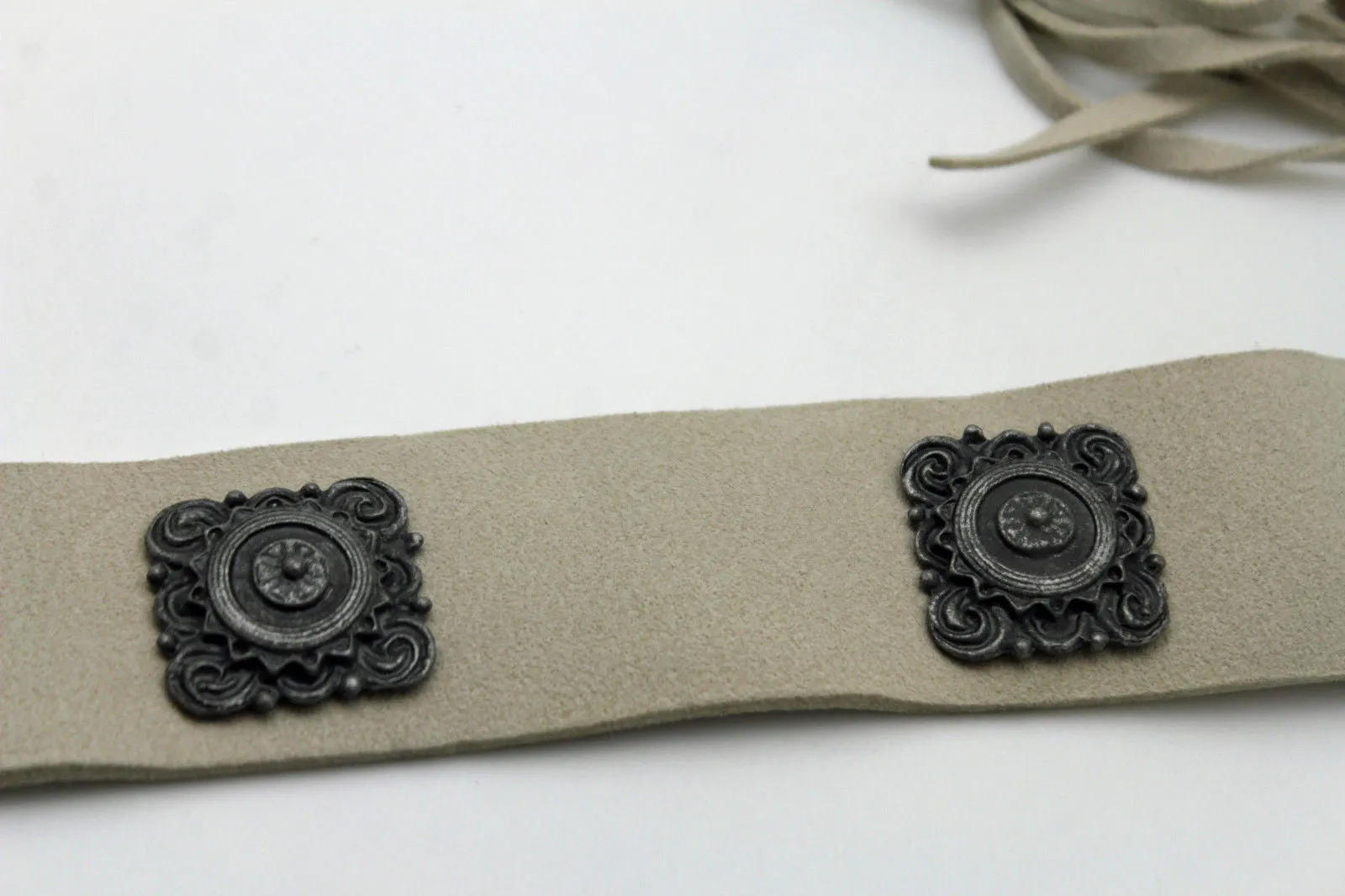 Silver Ethnic Charms Hip High Waist Tie Belt Genuine Suede Leather M L