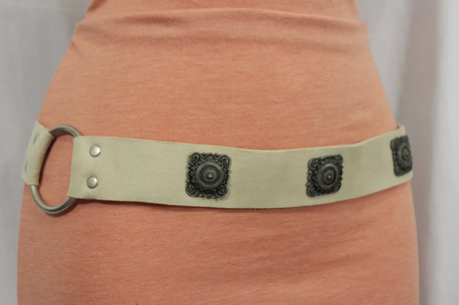 Silver Ethnic Charms Hip High Waist Tie Belt Genuine Suede Leather M L