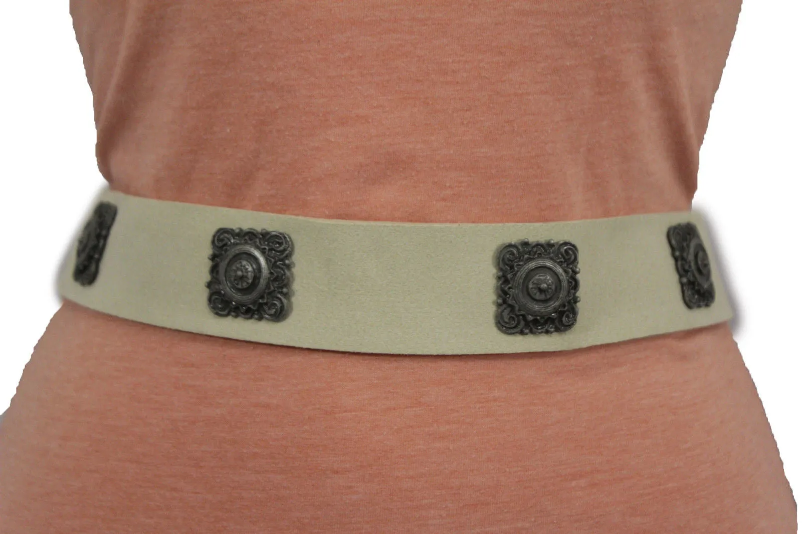 Silver Ethnic Charms Hip High Waist Tie Belt Genuine Suede Leather M L