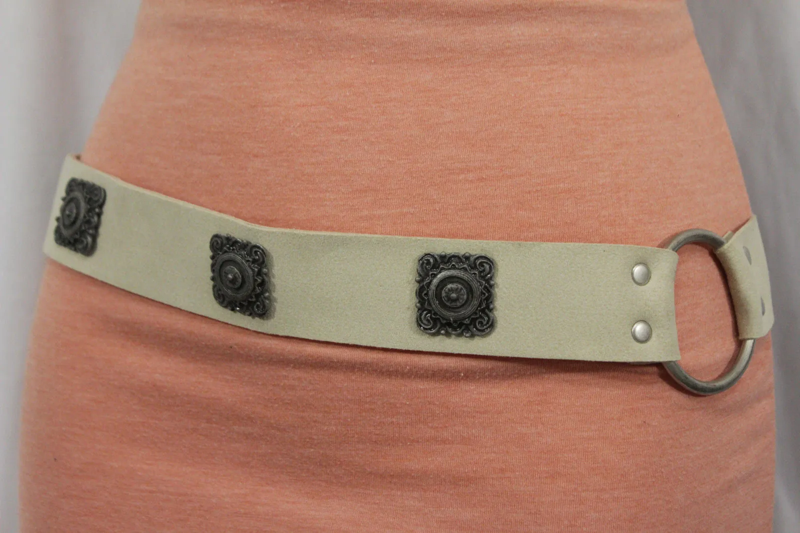 Silver Ethnic Charms Hip High Waist Tie Belt Genuine Suede Leather M L