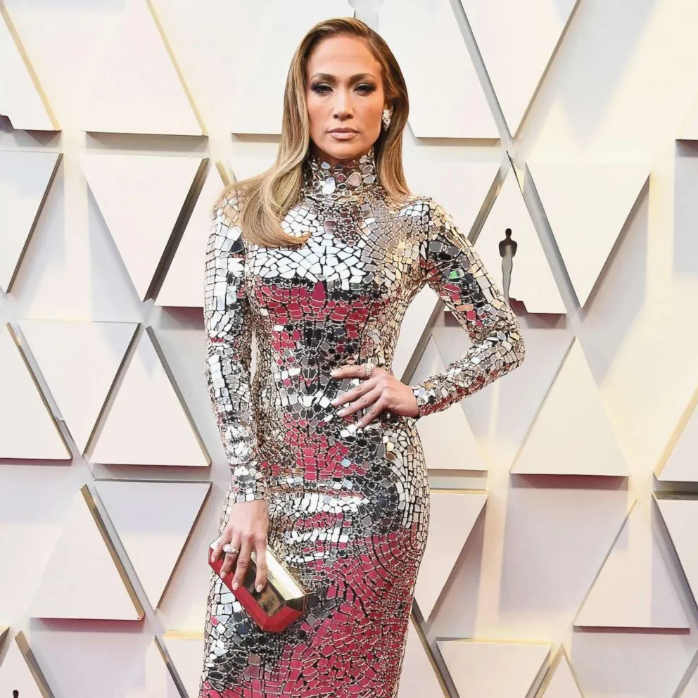 Silver Jennifer Lopez (J.Lo) Sequin High Neck Sheath Dress Long Sleeves Prom Celebrity Red Carpet Dress Oscars