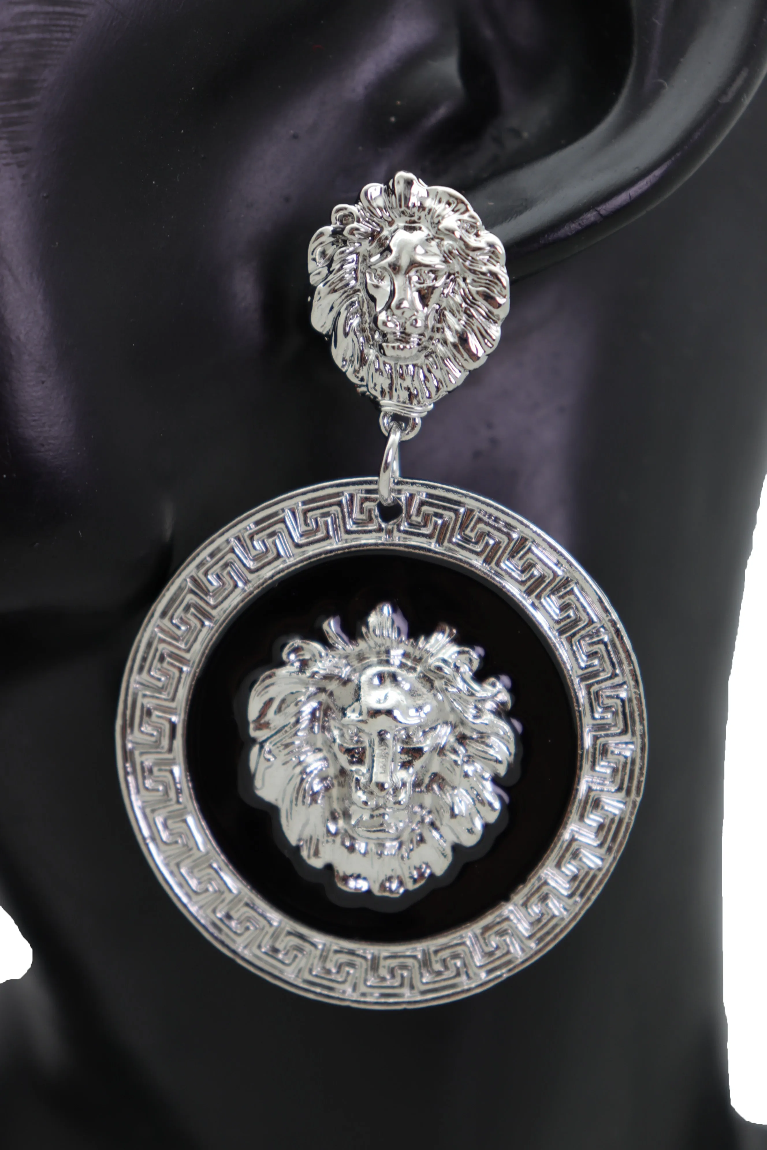 Silver Lion Medallion Dangle Earrings