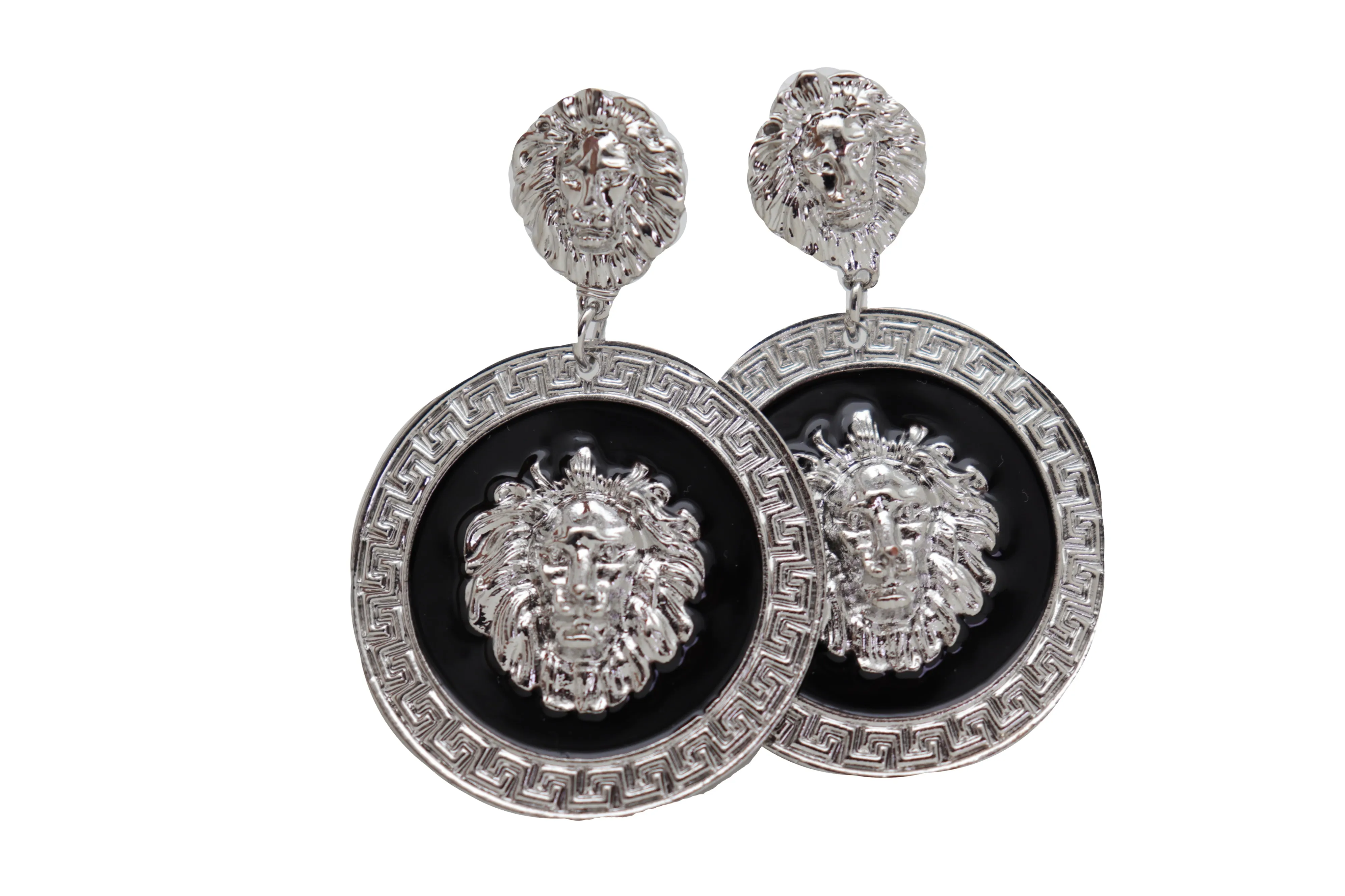 Silver Lion Medallion Dangle Earrings