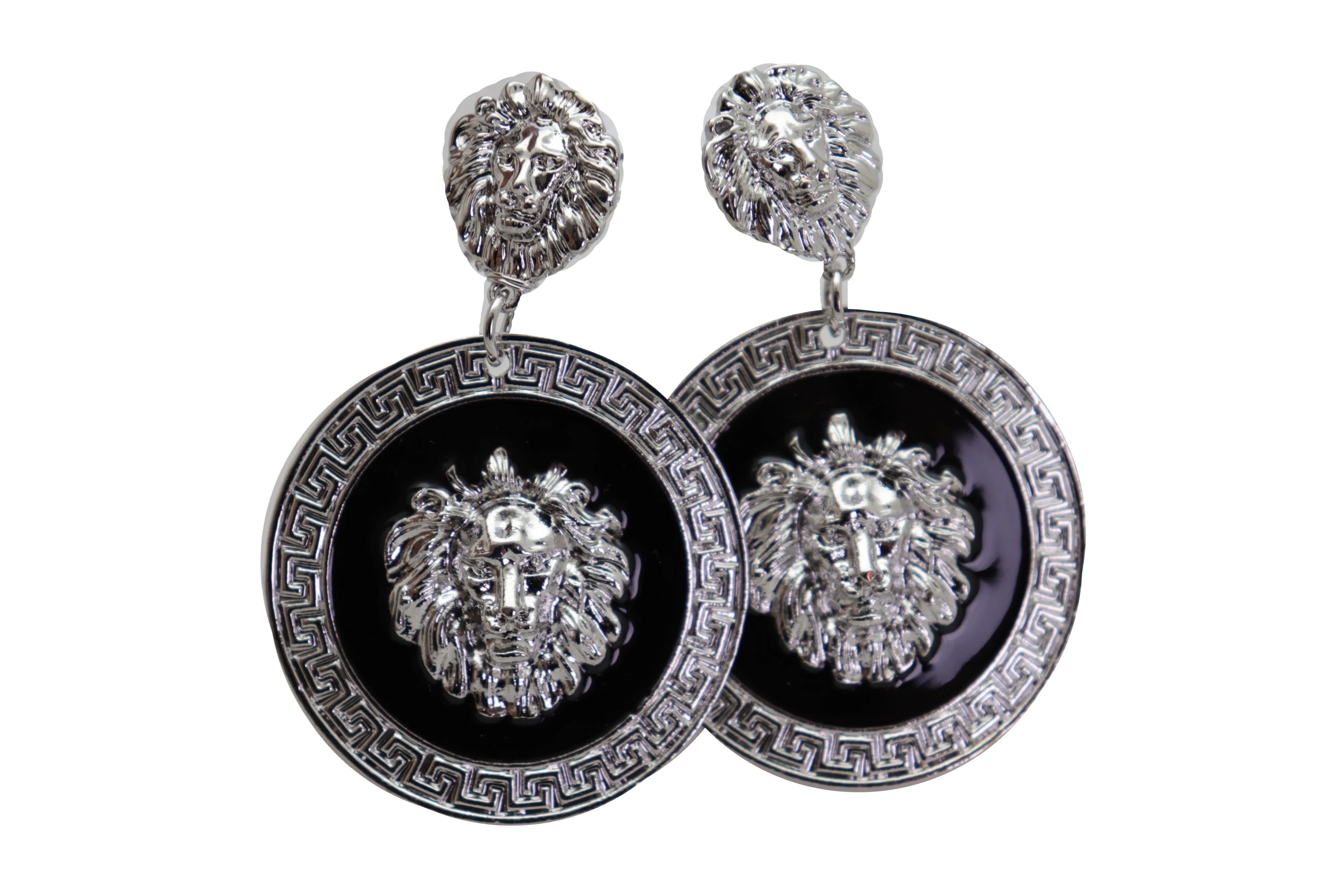 Silver Lion Medallion Dangle Earrings
