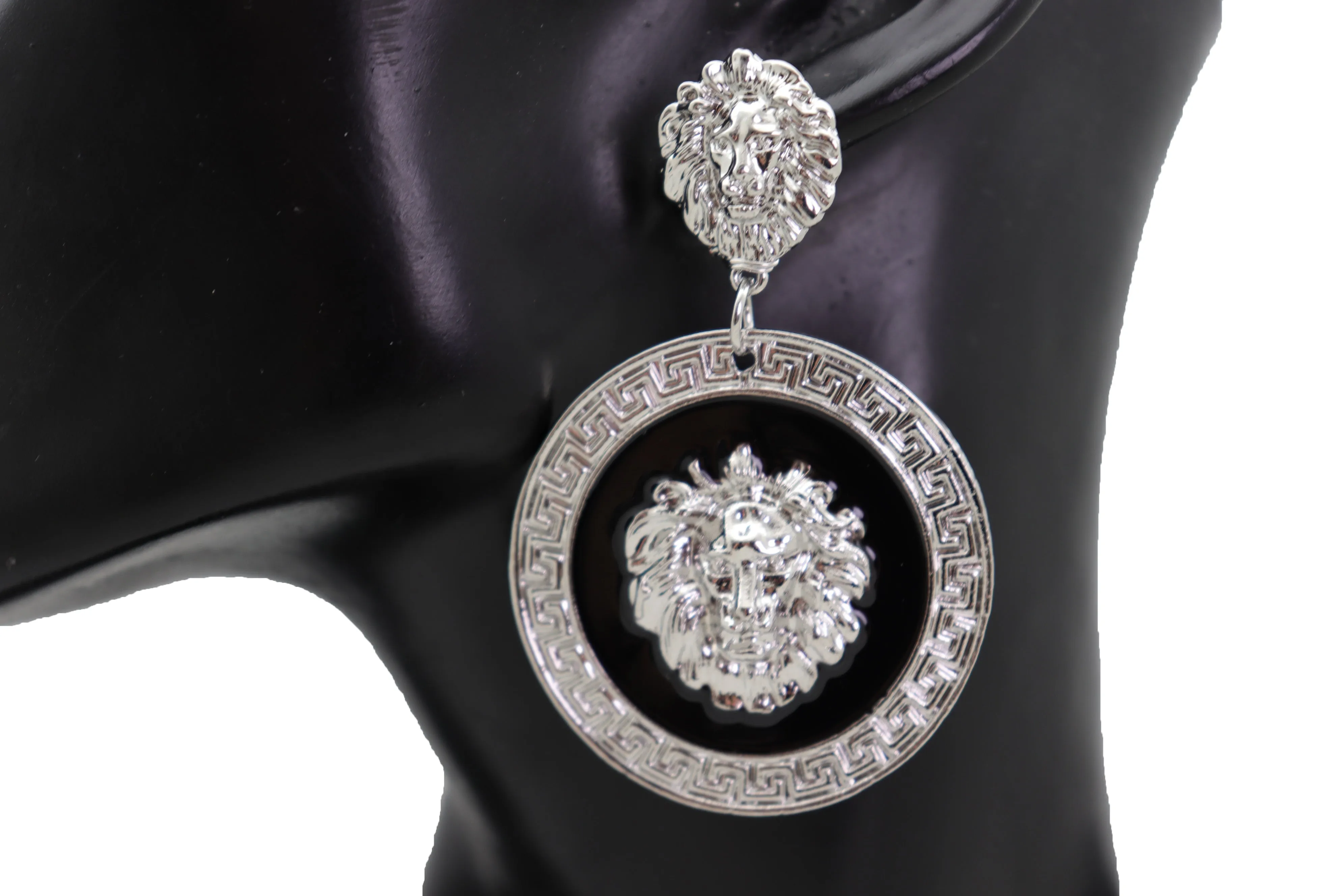 Silver Lion Medallion Dangle Earrings