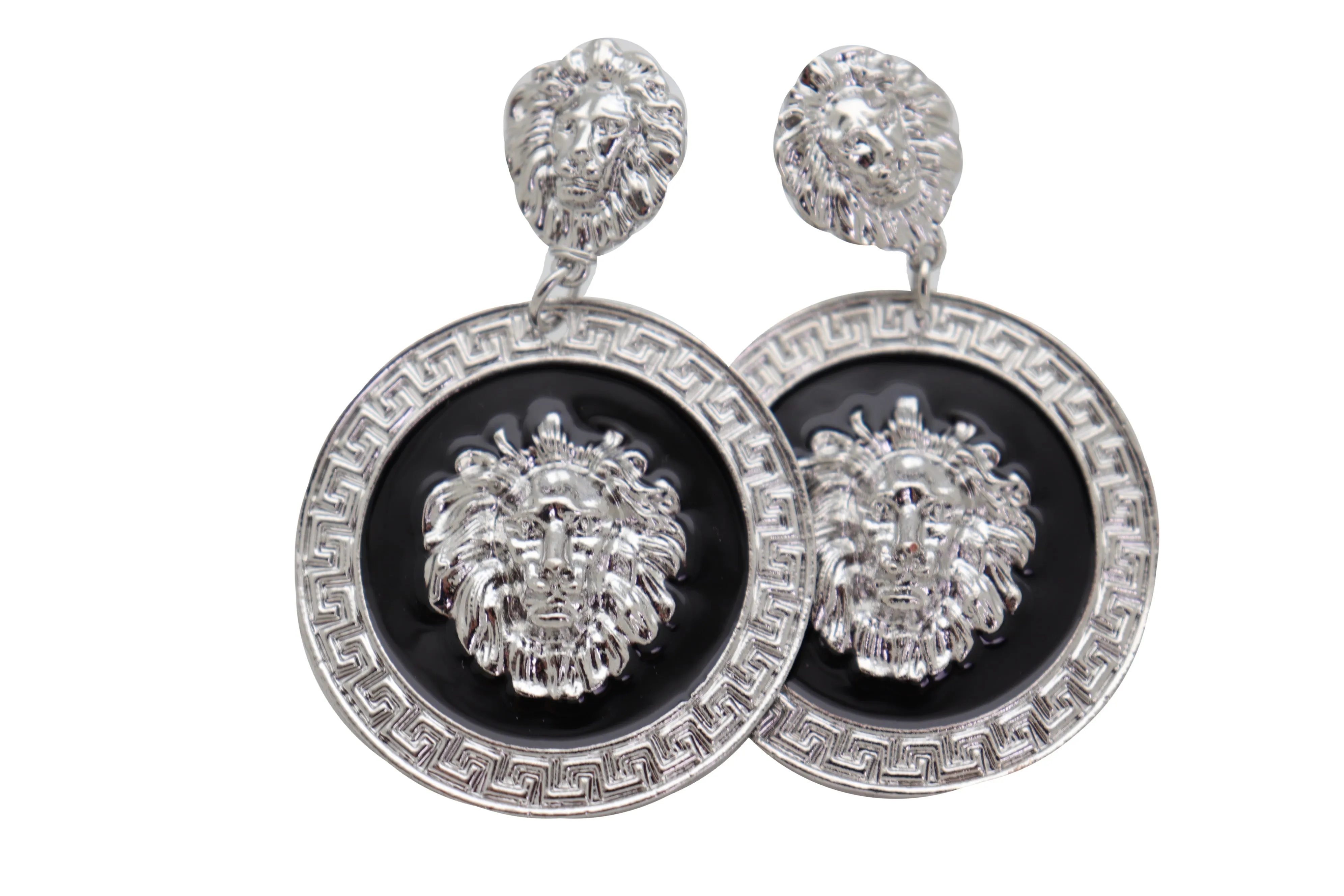 Silver Lion Medallion Dangle Earrings
