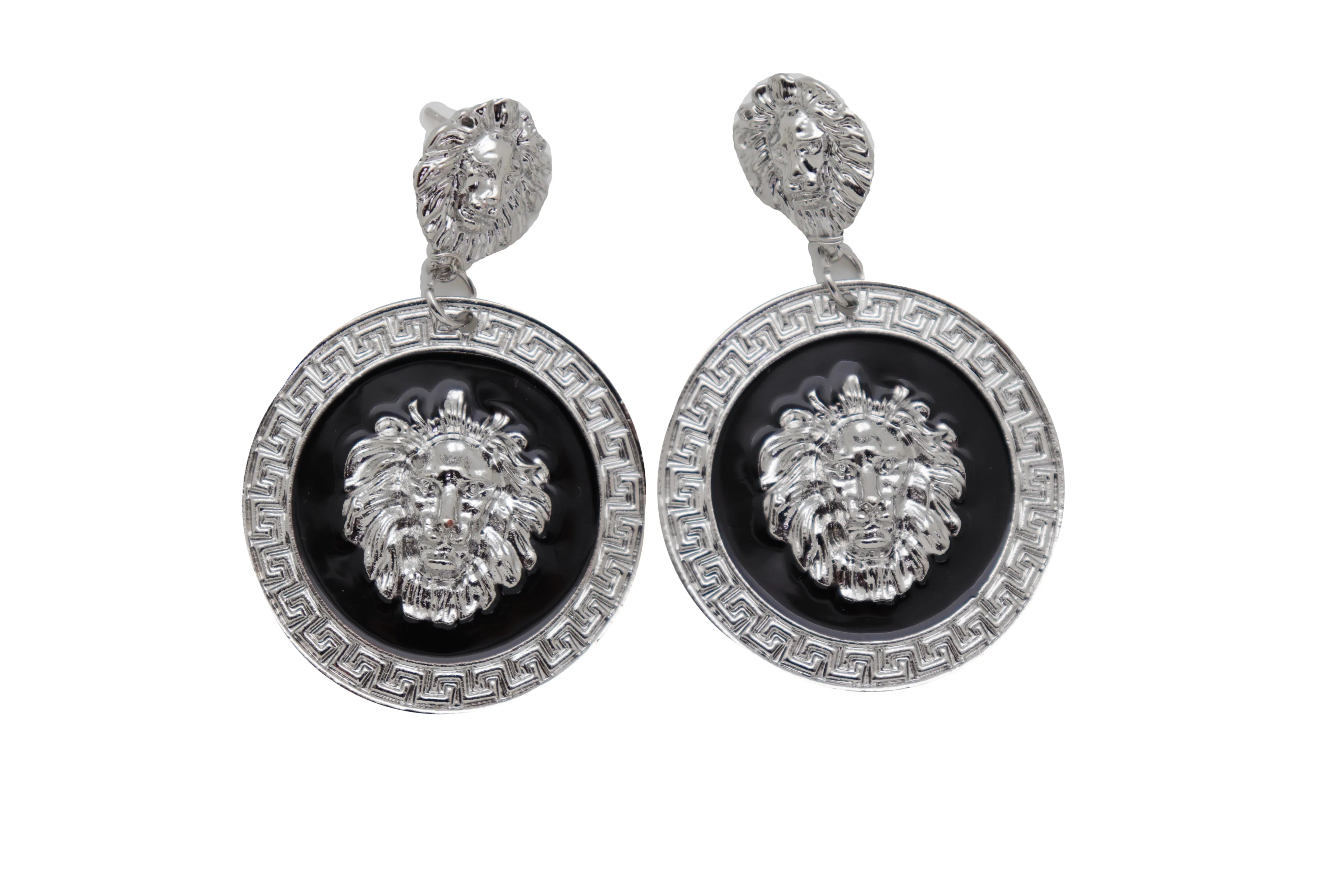 Silver Lion Medallion Dangle Earrings