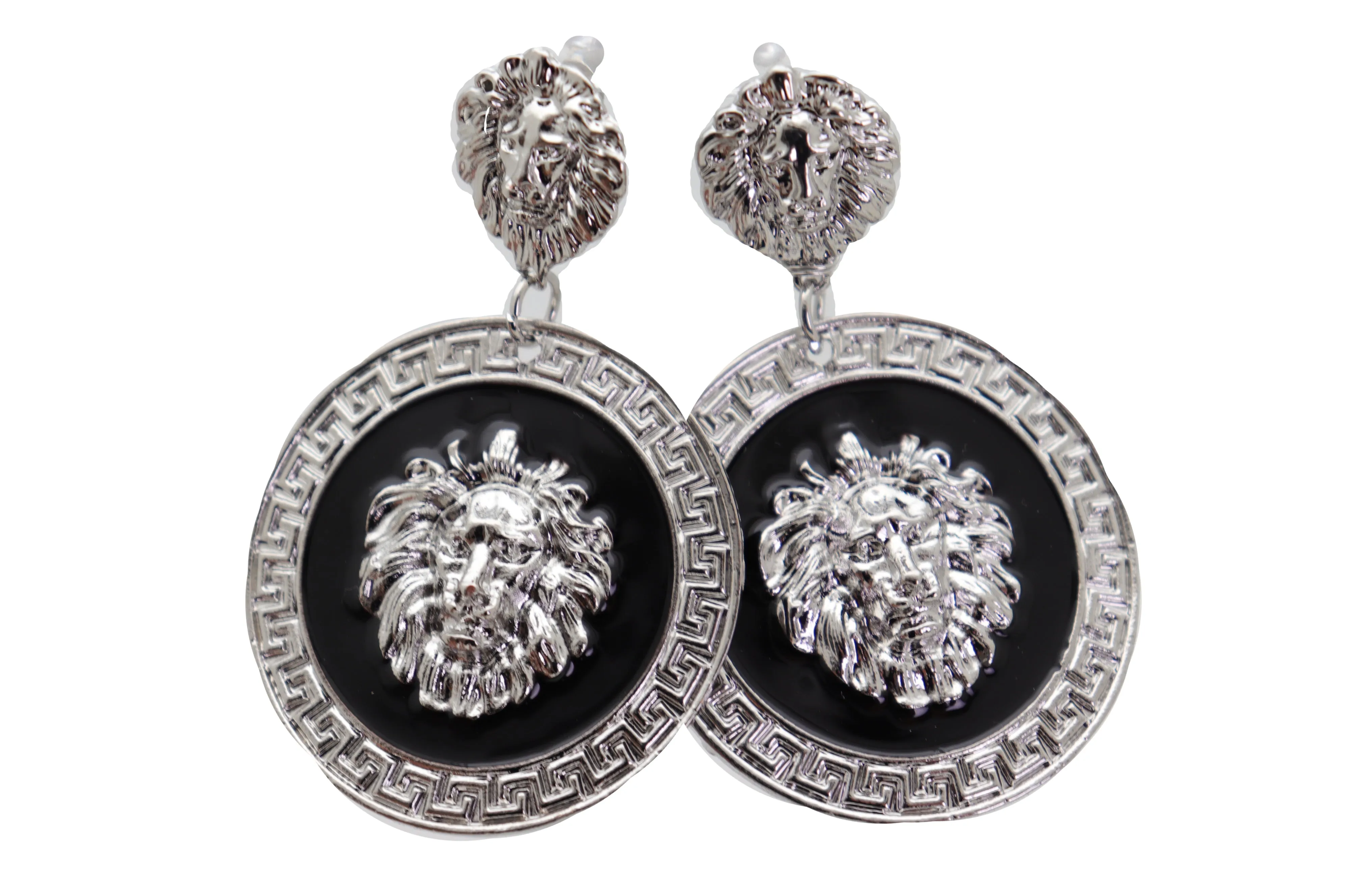 Silver Lion Medallion Dangle Earrings