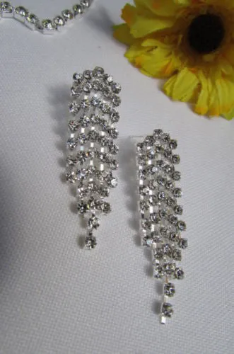 Silver Long Neck Tie Multi Rhinestones Necklace Earring Set