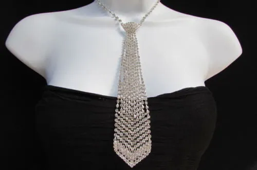 Silver Long Neck Tie Multi Rhinestones Necklace Earring Set