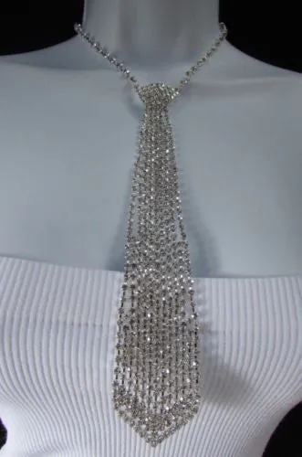 Silver Long Neck Tie Multi Rhinestones Necklace Earring Set