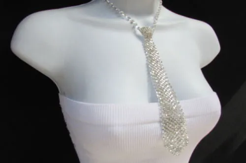 Silver Long Neck Tie Multi Rhinestones Necklace Earring Set