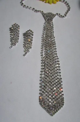 Silver Long Neck Tie Multi Rhinestones Necklace Earring Set