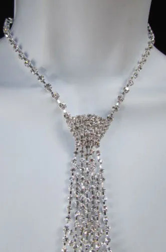 Silver Long Neck Tie Multi Rhinestones Necklace Earring Set