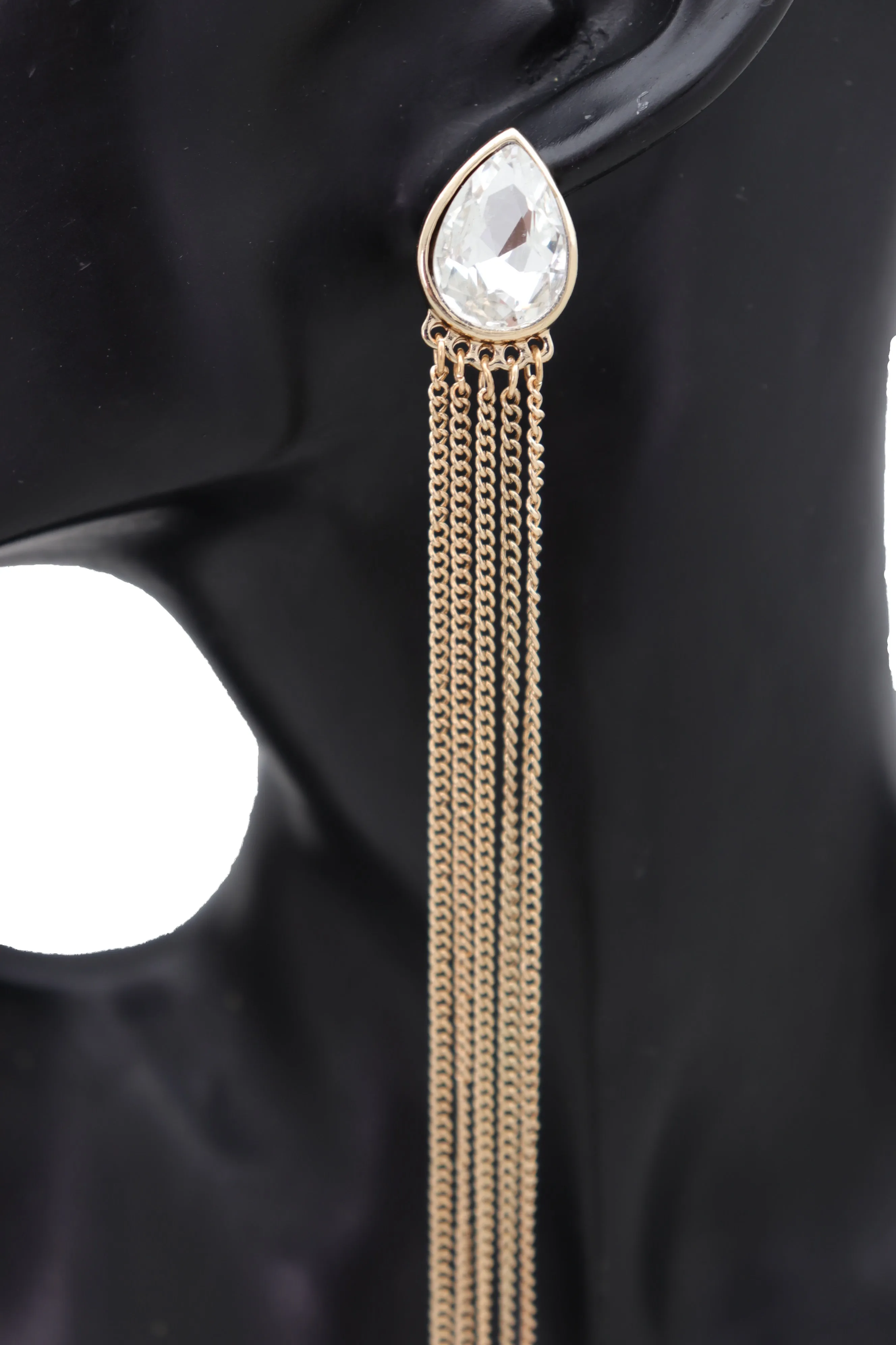 Silver Teardrop Gem Extra Long Gold Metal Tassel Earrings