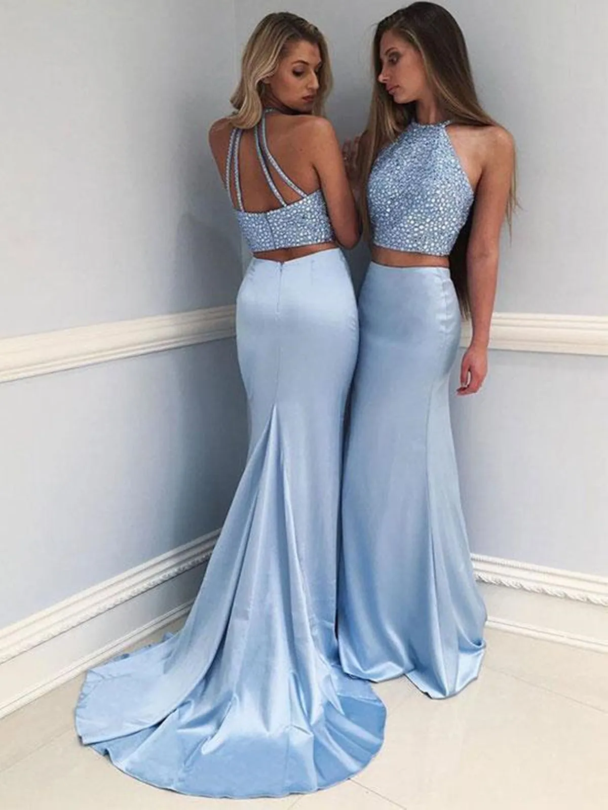 Sky Blue Beading Mermaid Prom Dresses, Sleeveless Formal Dresses,  2 Pieces Evening Dresses