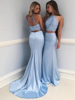 Sky Blue Beading Mermaid Prom Dresses, Sleeveless Formal Dresses,  2 Pieces Evening Dresses