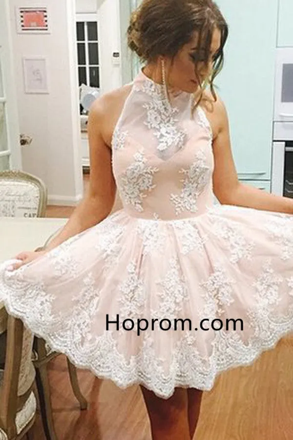 Sleeveless Pink Lace Halter Neck Short Homecoming Dress