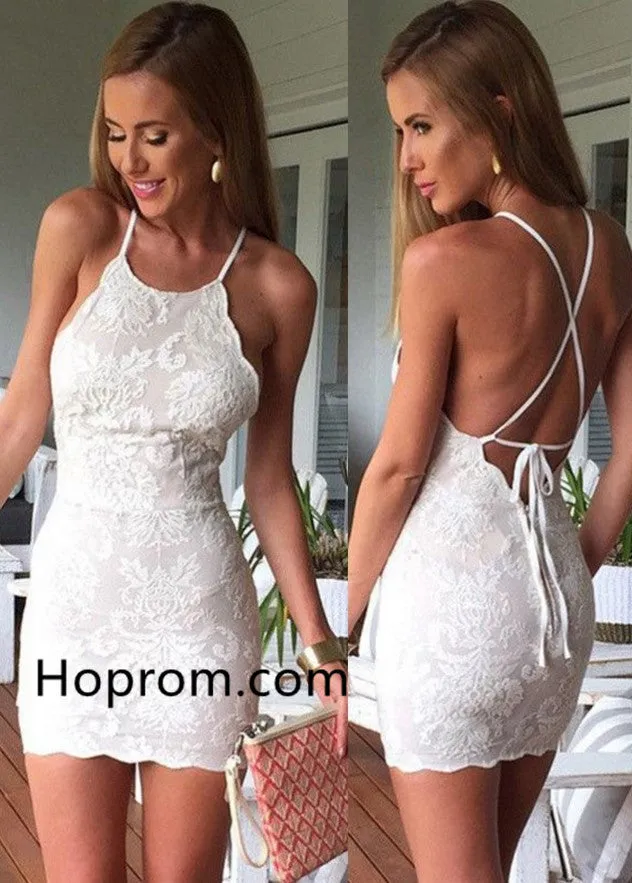 Sleeveless Short Criss-Cross Straps Sheath Halter Ivory Lace Homecoming Dress