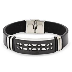 Stainless Steel Black Two Tone Design Leather Bracelet