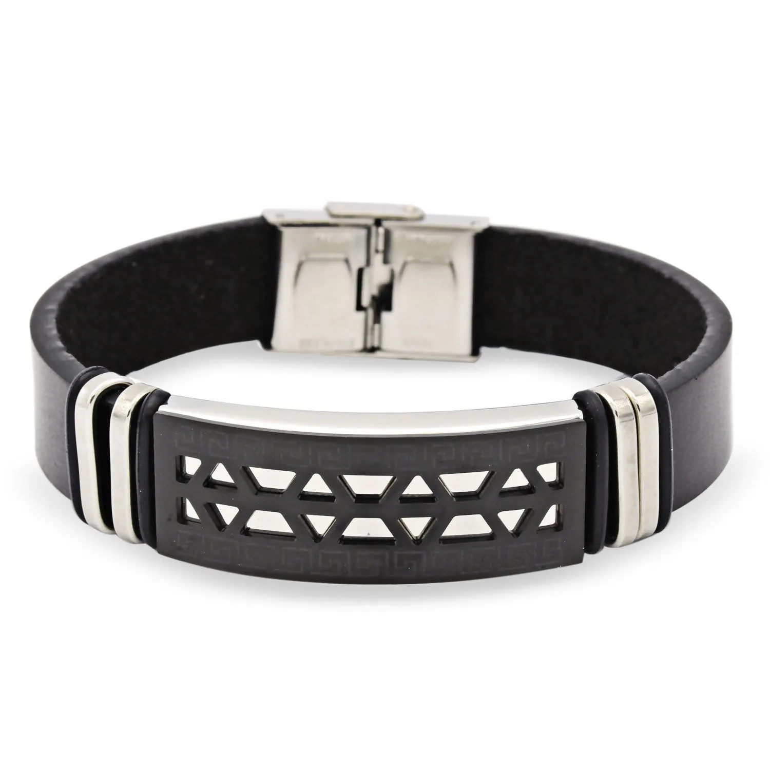 Stainless Steel Black Two Tone Design Leather Bracelet