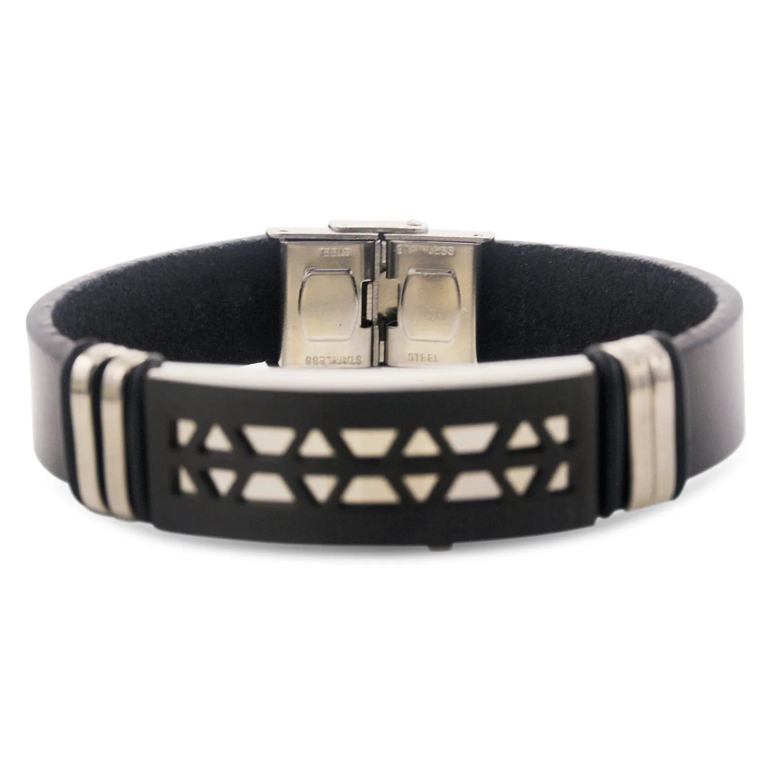 Stainless Steel Black Two Tone Design Leather Bracelet