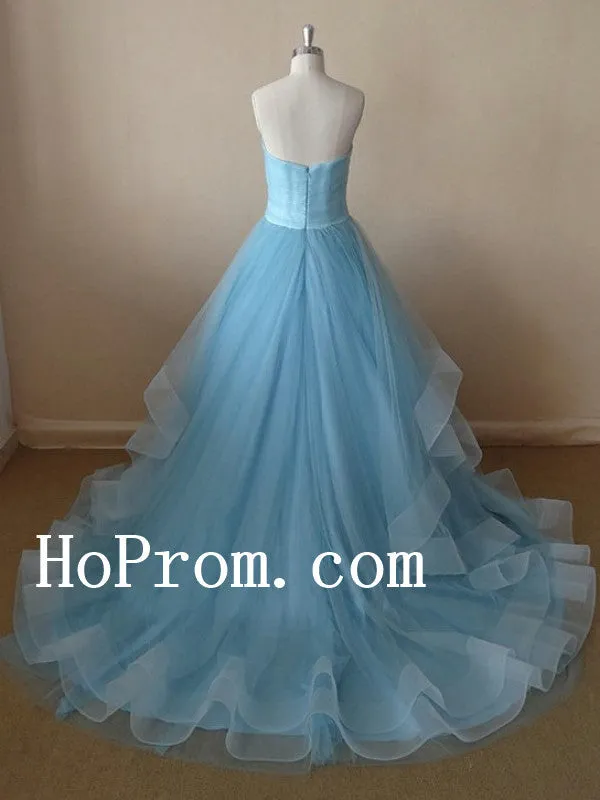 Strapless Blue Prom Dresses,Long Prom Dress,Tulle Evening Dresses